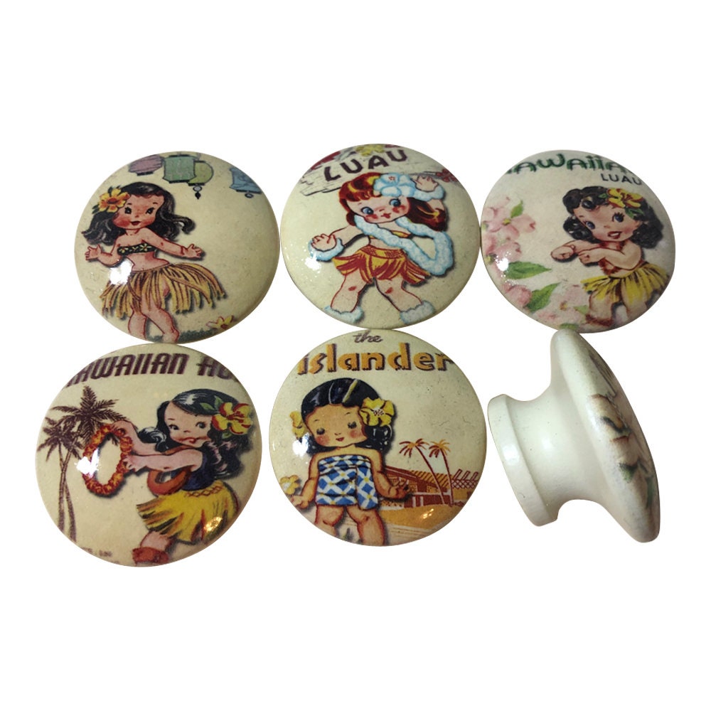 Set of 6 Hawaiian Hula Wood Cabinet Knobs