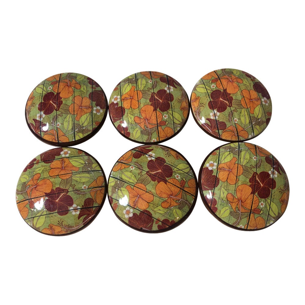 Set of 6 Hibiscus Floral Wood Cabinet Knobs