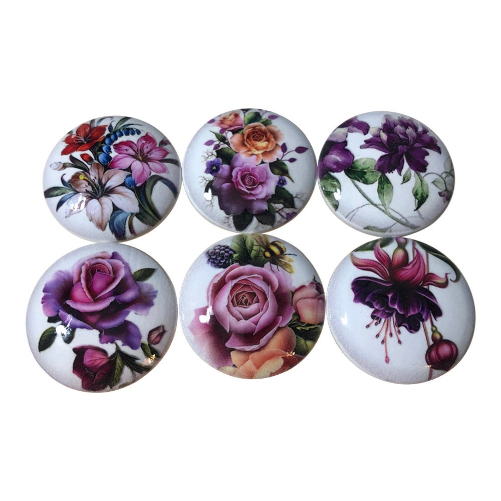 Set of 6 Glorious Flowers Wood Cabinet Knobs