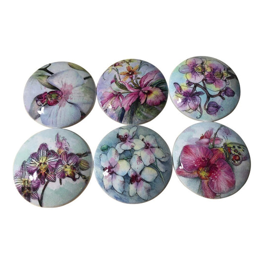 Set of 6 Orchids Wood Cabinet Knobs