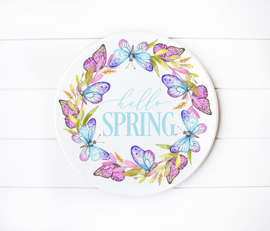 Happy Spring Butterfly Wreath Round Printed Handmade Wood Sign