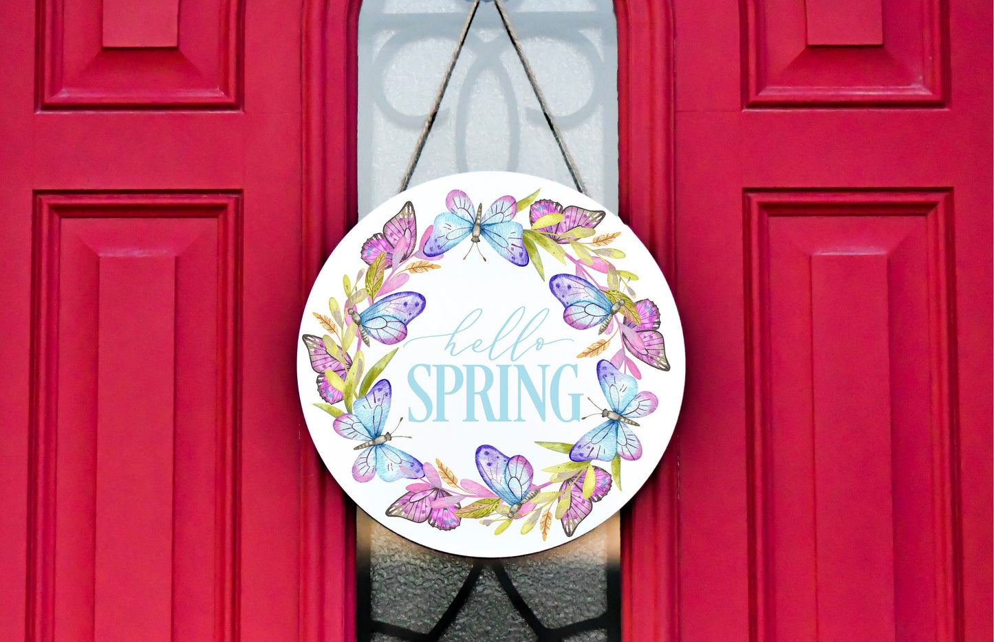 Happy Spring Butterfly Wreath Round Printed Handmade Wood Sign
