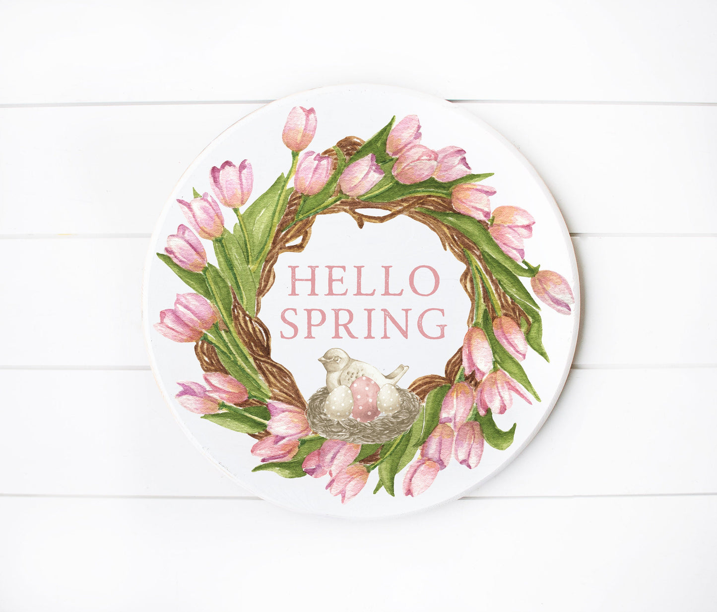 Happy Spring Pink Tulip Wreath Round Printed Handmade Wood Sign