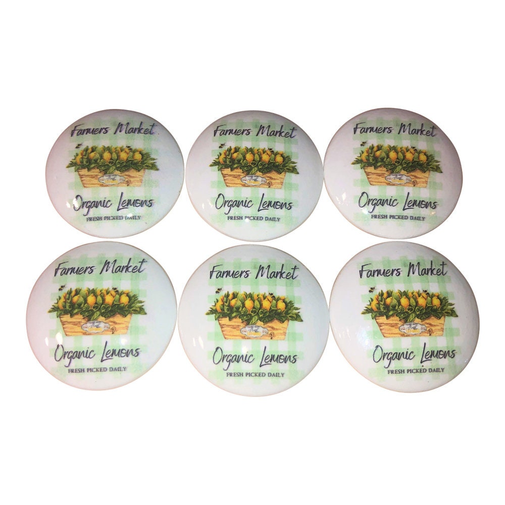 Set of 6 Farmers Market Organic Lemons Print Wood Cabinet Knobs