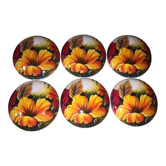 Set of 6 Yellow Hybiscus Flower Print Wood Cabinet Knobs