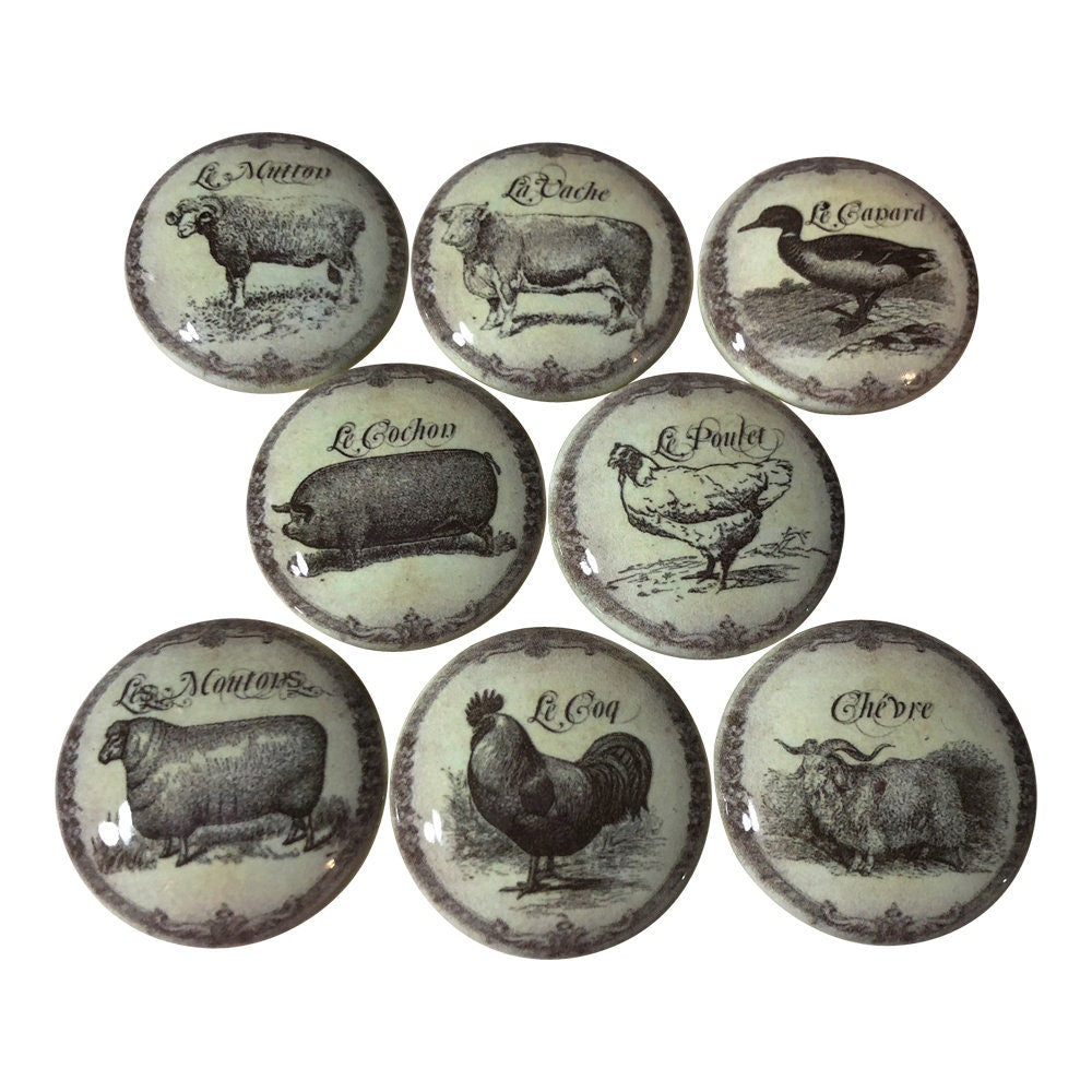 Set of 8 French Farm Animals Wood Cabinet Knobs