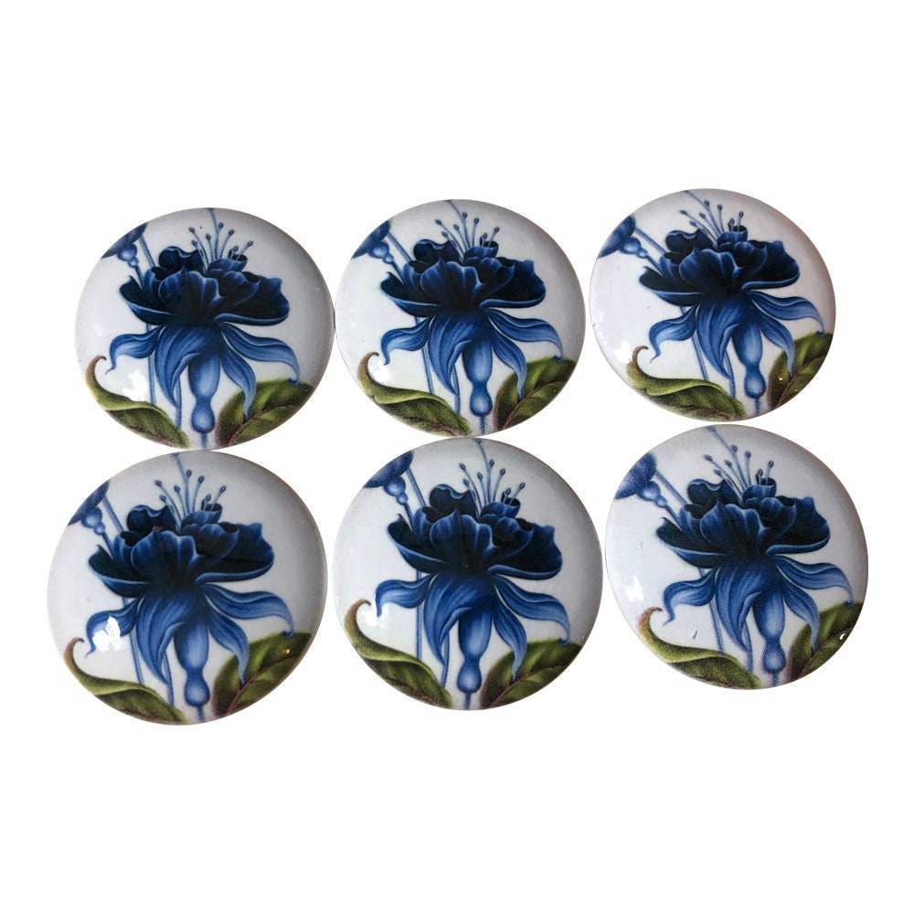 Set of 6 Blue Flower Wood Cabinet Knobs