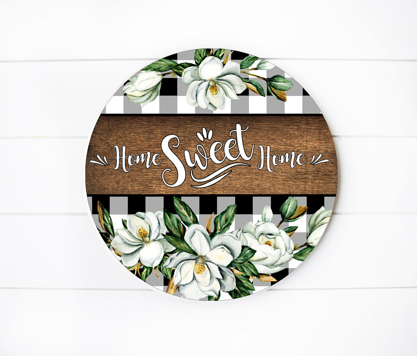 Magnolia Home Sweet Home - Letrero de madera hecho a mano con estampado redondo