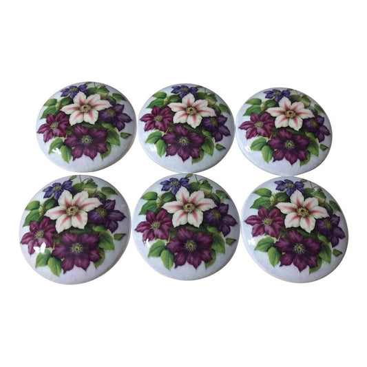 Cabinet Knobs, Drawer Knobs, Set of 6 Clementis Flowers Print Wood Cabinet Knobs, Floral Cabinet Knobs and Drawer Pulls