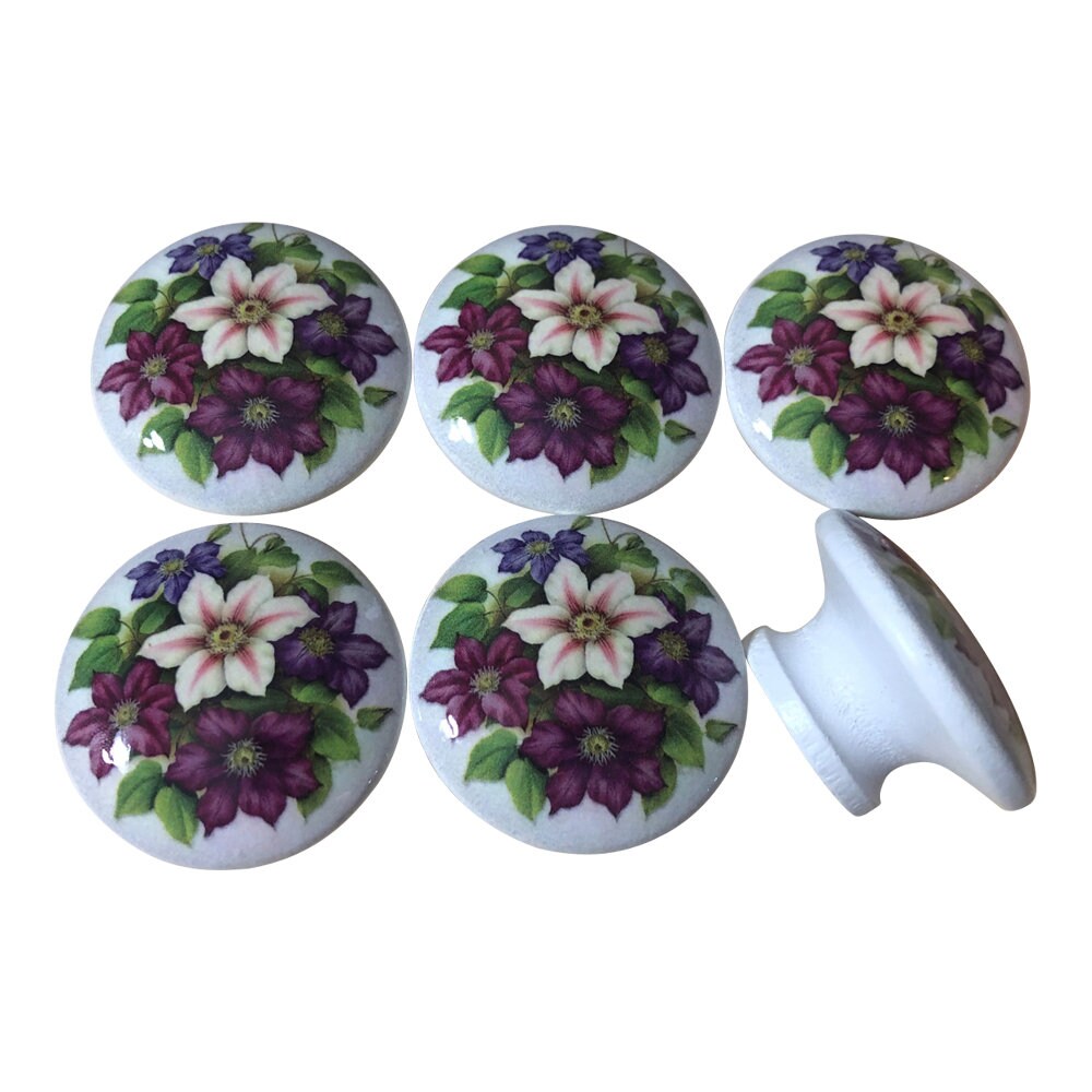 Cabinet Knobs, Drawer Knobs, Set of 6 Clementis Flowers Print Wood Cabinet Knobs, Floral Cabinet Knobs and Drawer Pulls