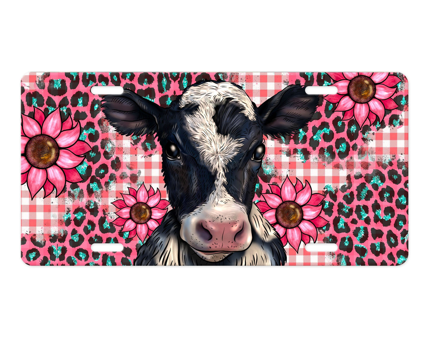 Black and White Cow on Pink Aluminum Front License Plate