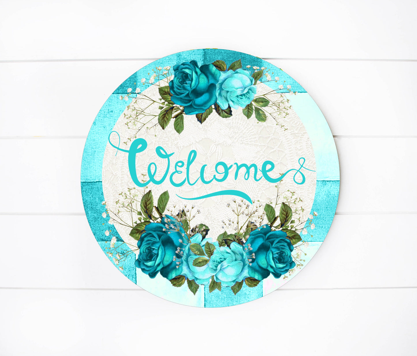Teal Roses Welcome Round Printed Handmade Wood Sign