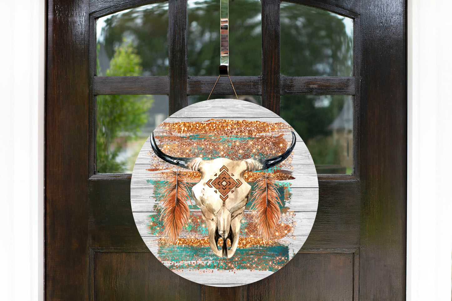 Tribal Bull Skull Round Printed Handmade Wood Sign