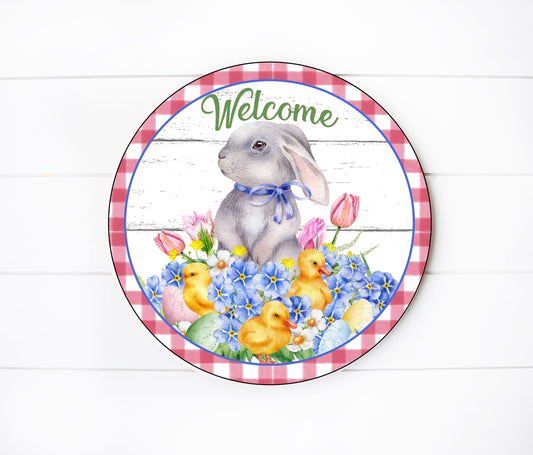 Welcome Easter Rabbit Round Printed Handmade Wood Sign