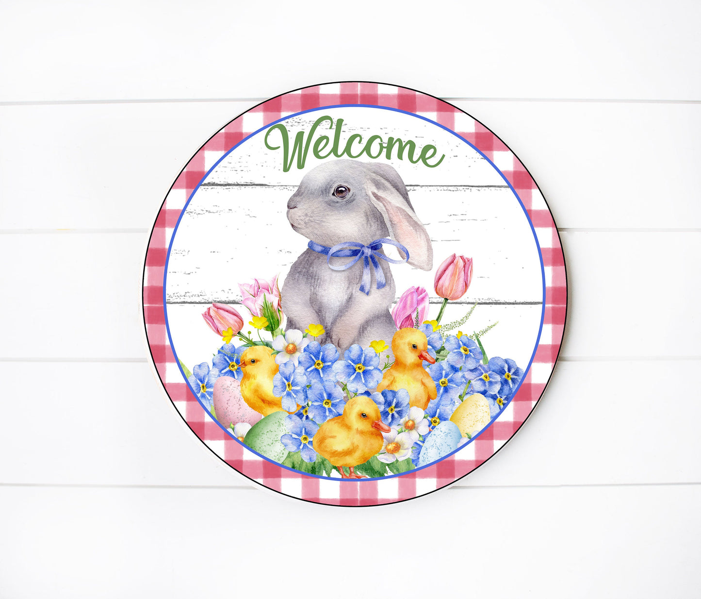 Welcome Easter Rabbit Round Printed Handmade Wood Sign