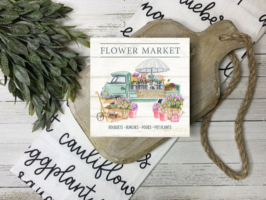 Flower Market Truck Spring Flowers Printed Handmade Wood  Mini Sign