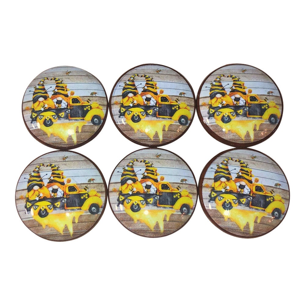 Set of 6 Bee Gnome Truck  Print Wood Cabinet Knobs