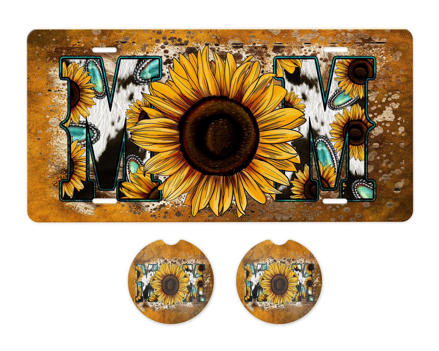 Western Sunflower Mom Aluminum Front License Plate and Car Coaster Set