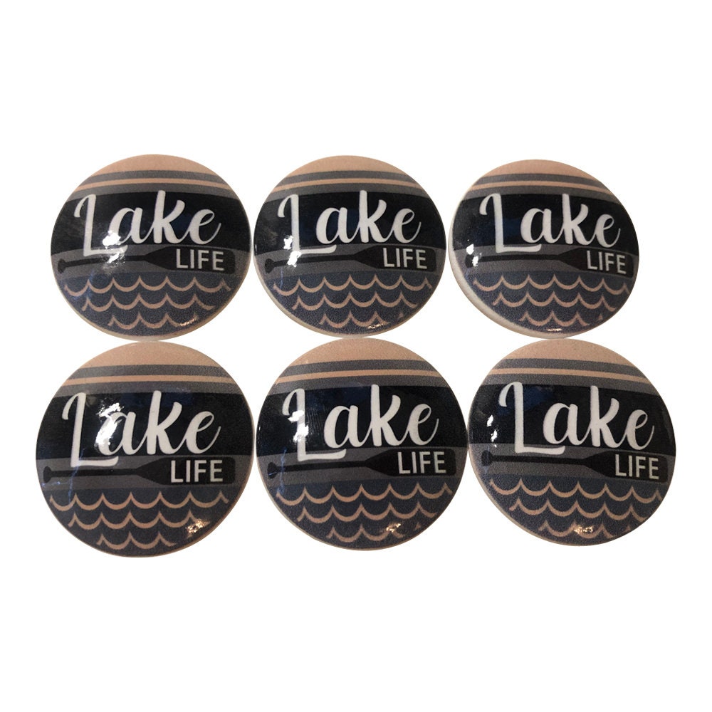 Set of 6 Lake Life Print Wood Cabinet Knobs