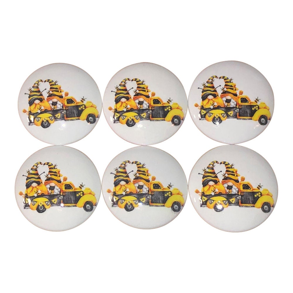 Set of 6 Honey Gnome Truck  Print Wood Cabinet Knobs