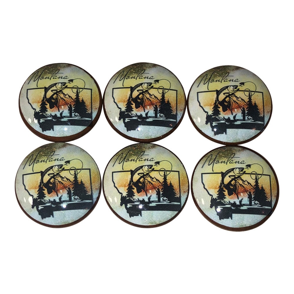 Set of 6 Montana Fly Fishing Print Wood Cabinet Knobs