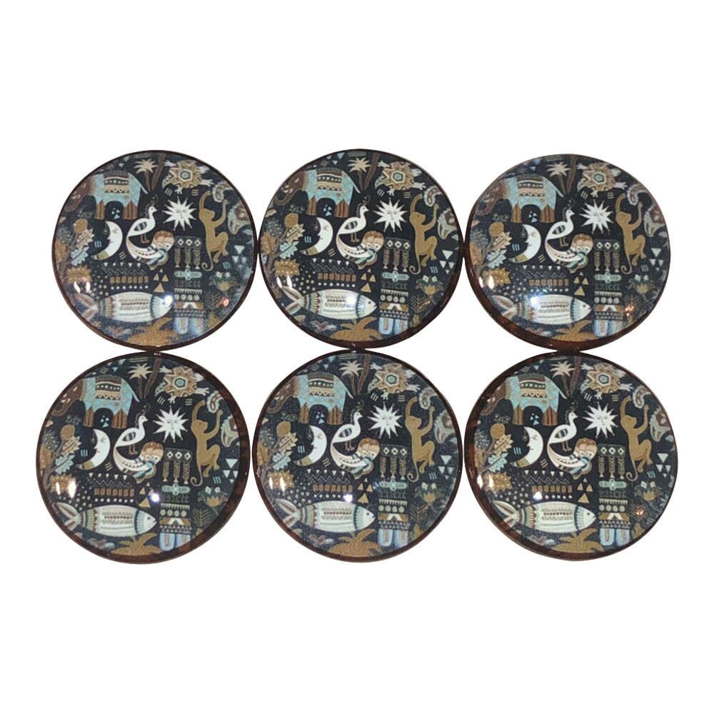 Set of 6 Blue and Brown Tribal Animals Print Wood Cabinet Knobs