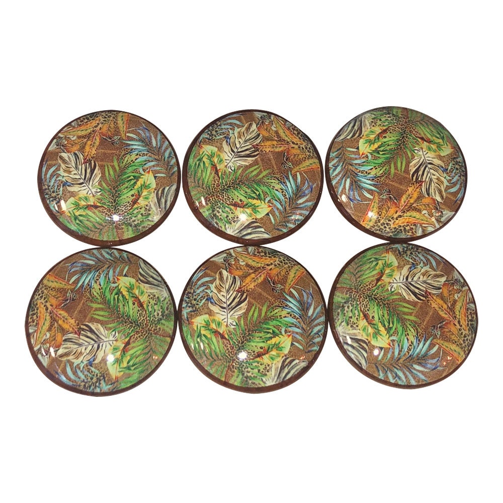 Set of 6 Leopard Print Palms Wood Cabinet Knobs