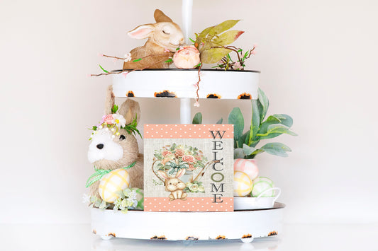 Peach Bunny Welcome Printed Handmade Wood  Mini Sign