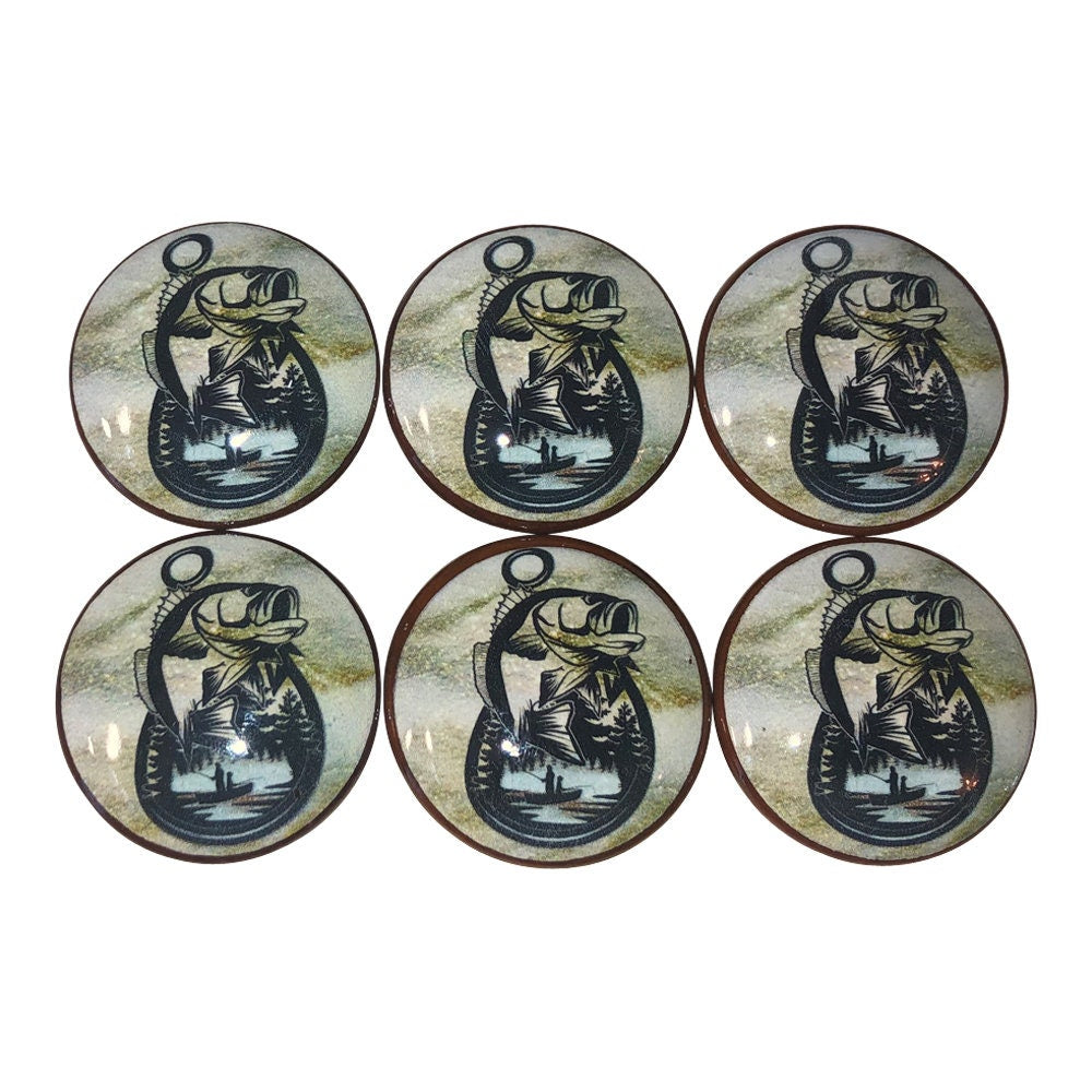 Set of 6 Bass Fishing Hook Print Wood Cabinet Knobs