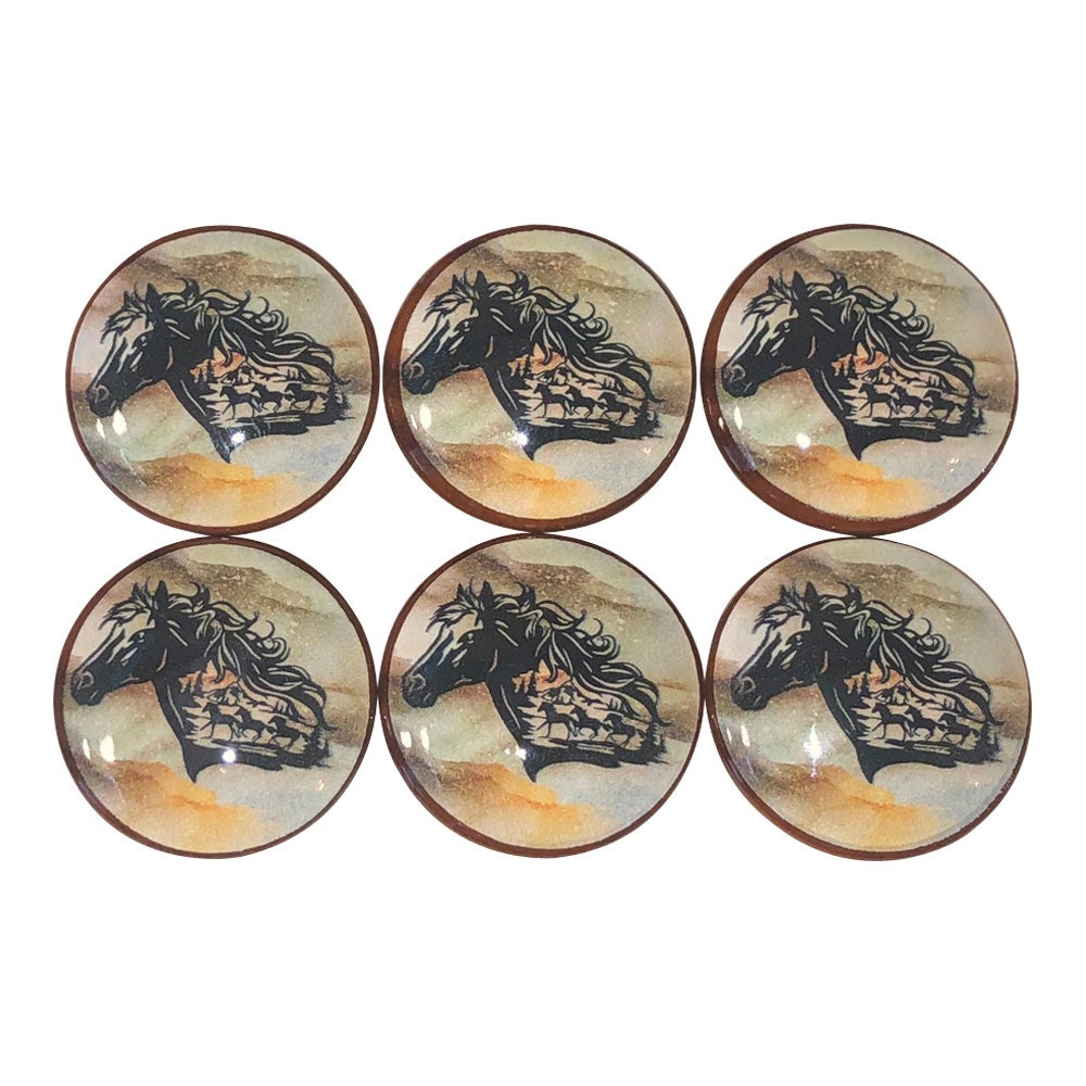 Set of 6 Wild Mustangs Print Wood Cabinet Knobs