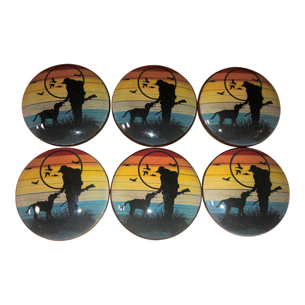 Set of 6 Hunter and His Dog  Print Wood Cabinet Knobs