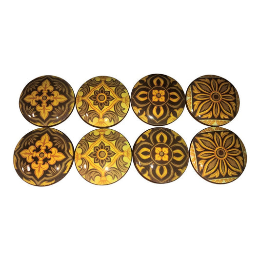 Set of 8 Yellow and Brown Medallion Wood Cabinet Knobs