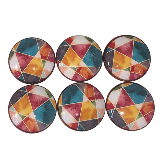 Set of 6 Color Block Print Wood Cabinet Knobs