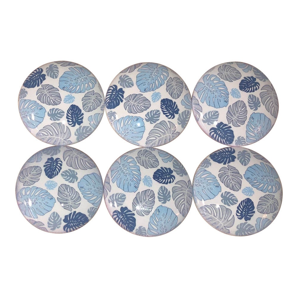 Set of 6 Blue and Gray Monstera Leaves Print Wood Cabinet Knobs