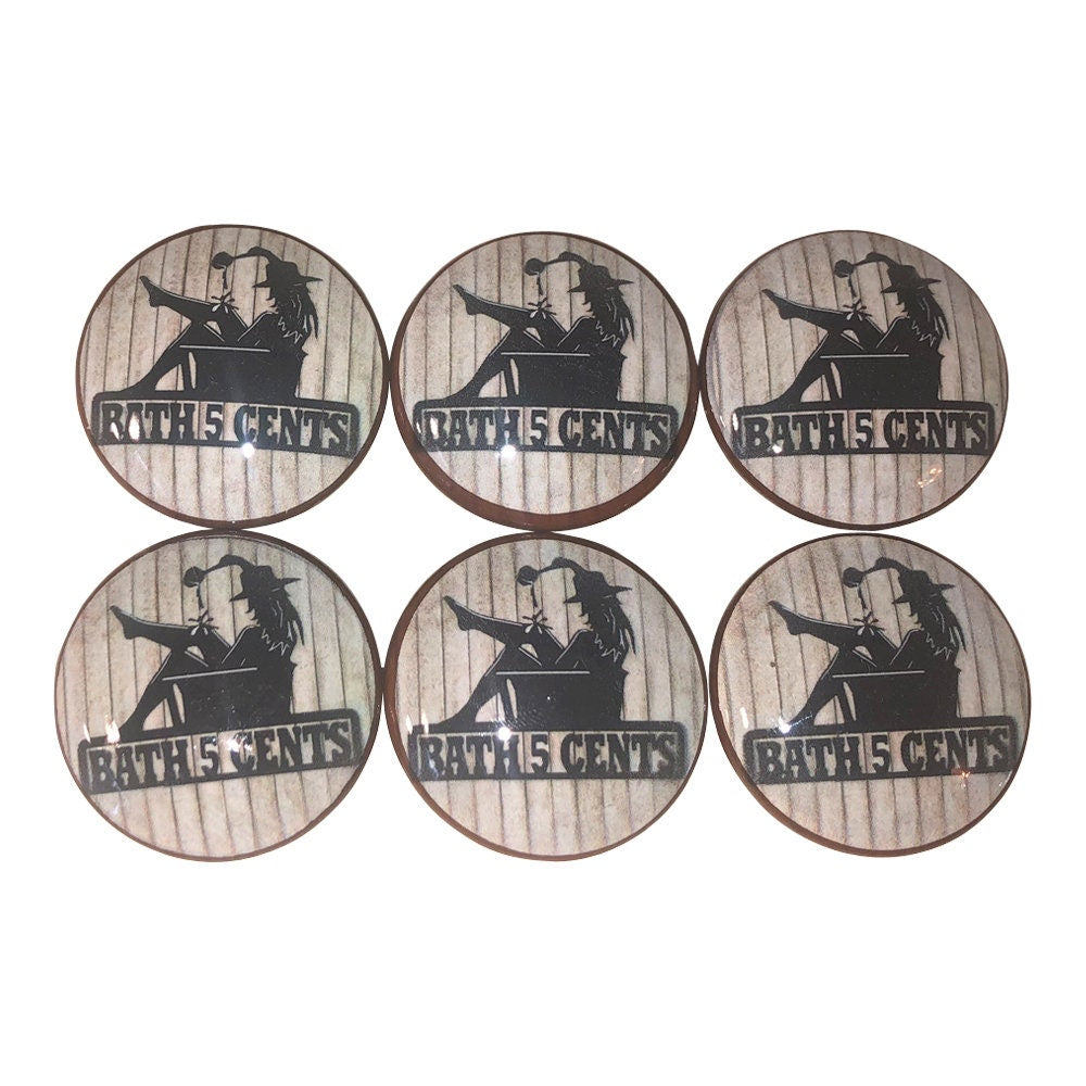 Set of 6 Cowgirl Bath Print Wood Cabinet Knobs