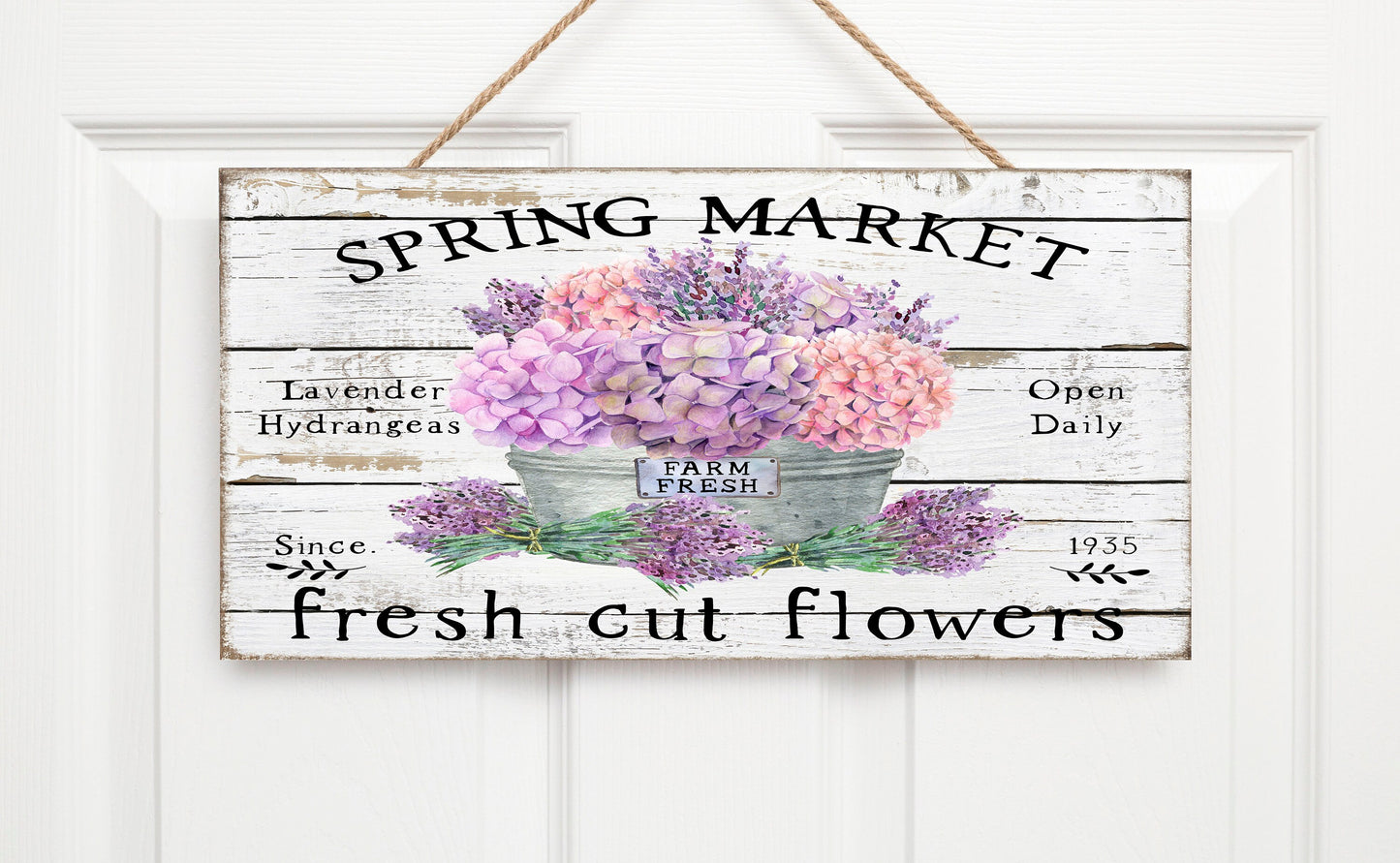 The Lavender and Hydrangea Spring Market Handmade Wood Sign