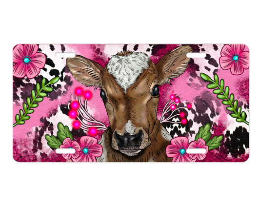 Brown Cow on Pink Aluminum Front License Plate