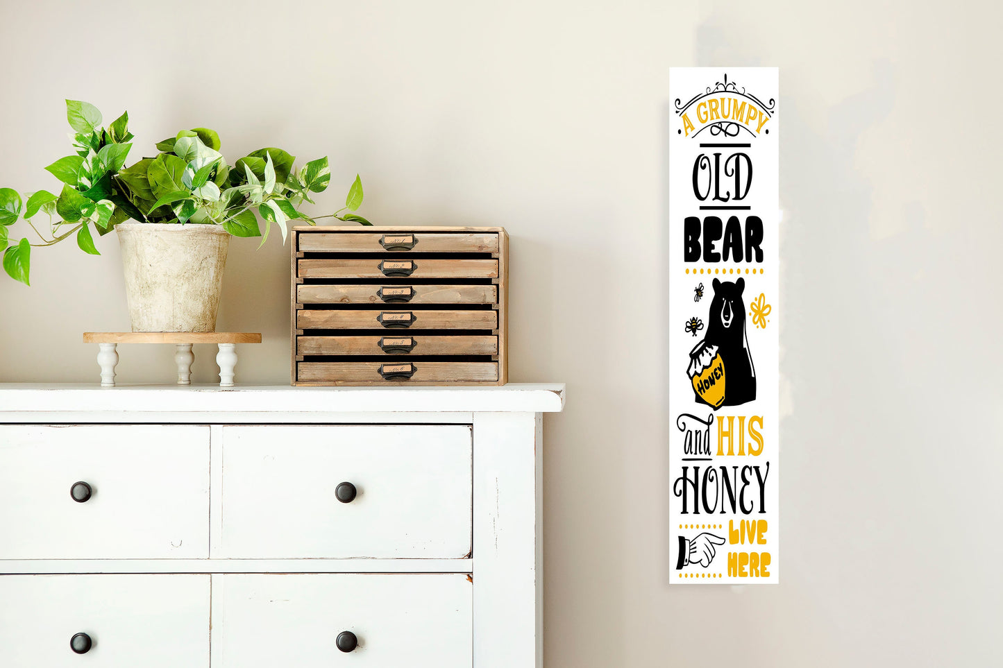 24 Inch (2 Foot Tall) Grumpy Old Bear and His Honey Live Here Vertical Wood Print Sign