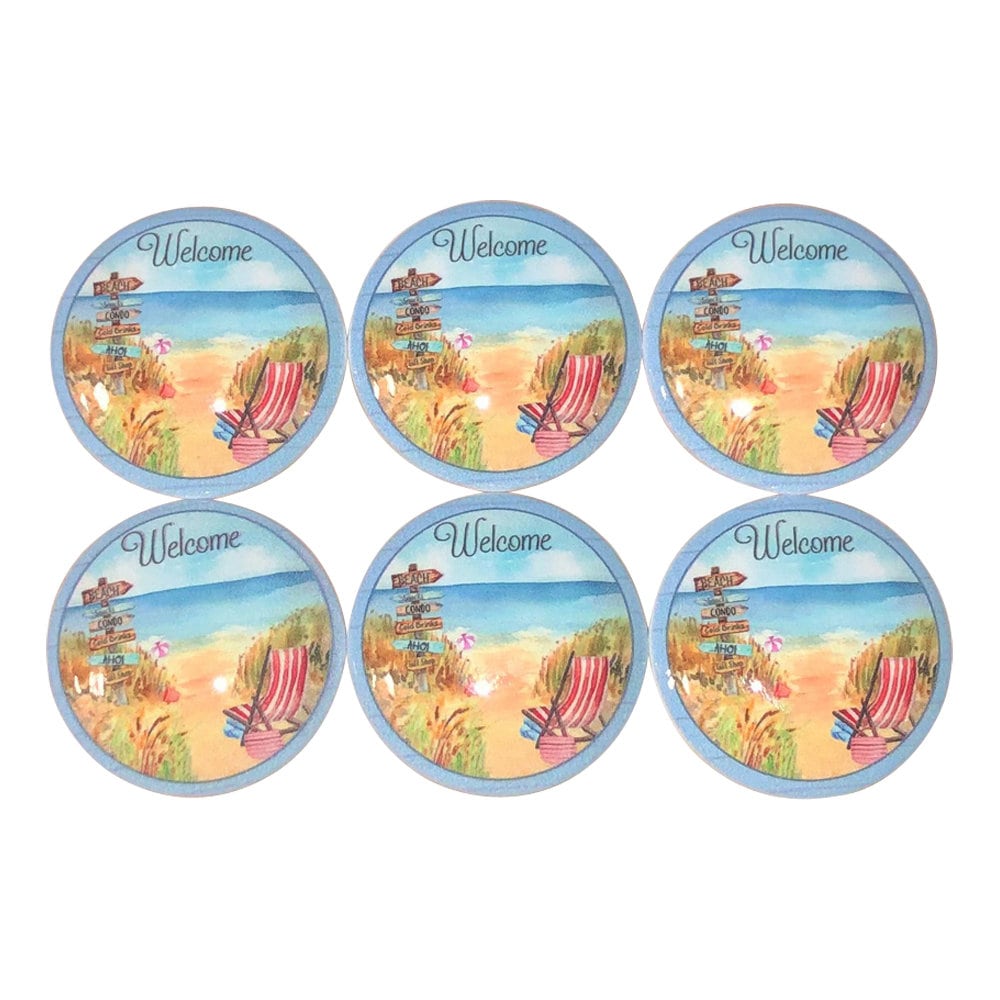 Set of 6 Beach Welcome Wood Cabinet Knobs