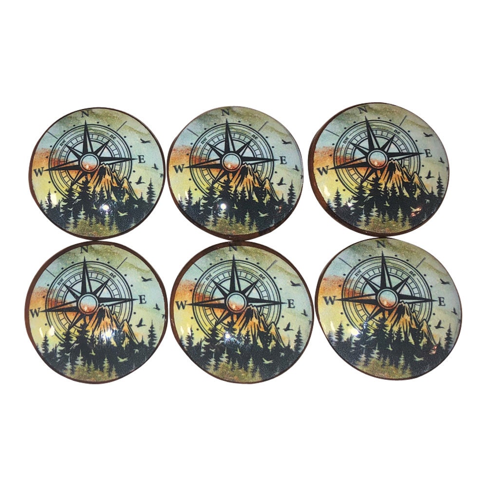 Set of 6 Mountain Compass  Print Wood Cabinet Knobs