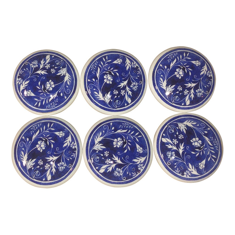 Set of 6 Mediteranian Blue Floral Print Wood Cabinet Knobs