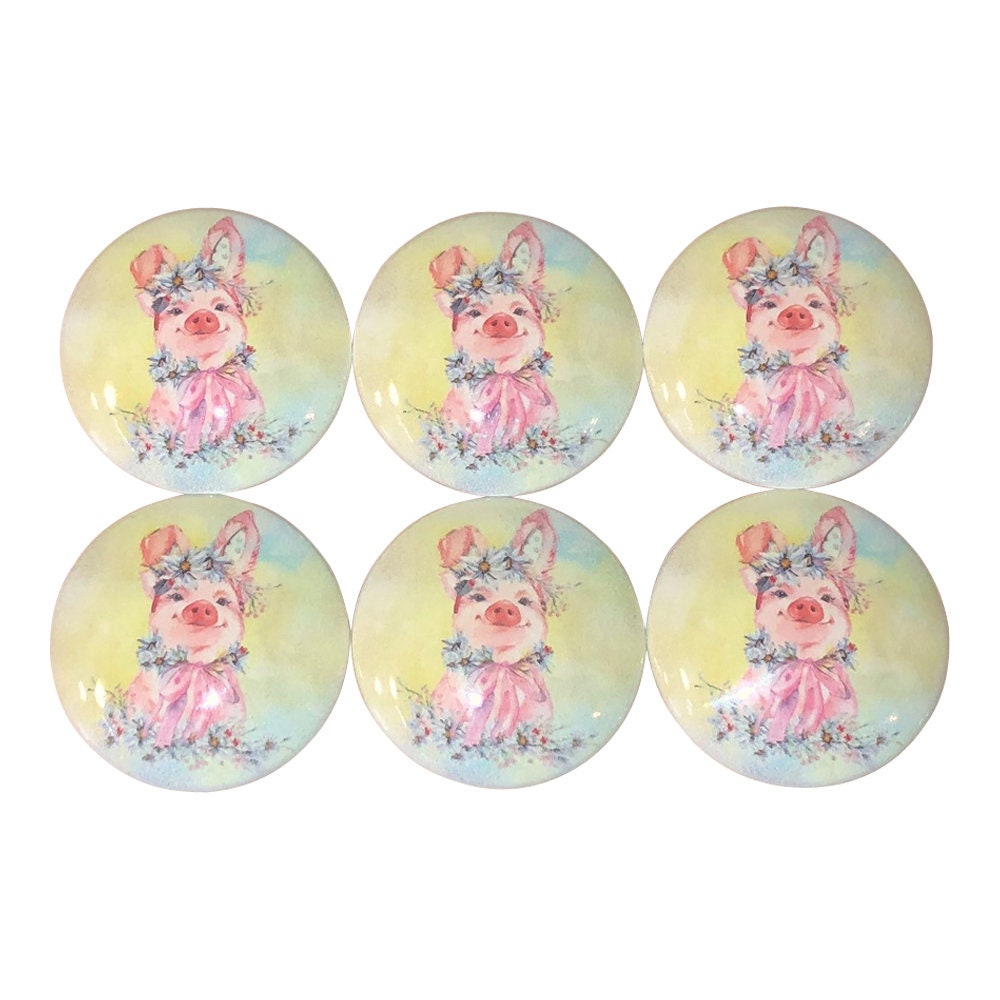 Set of 6 Daisy Pig Print Wood Cabinet Knobs