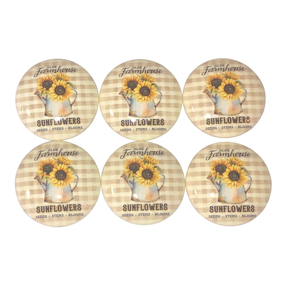 Set of 6 Old Farmhouse Sunflowers Wood Cabinet Knobs