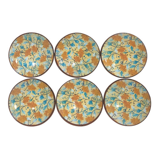 Set of 6 Tan and Blue Floral Wood Cabinet Knobs