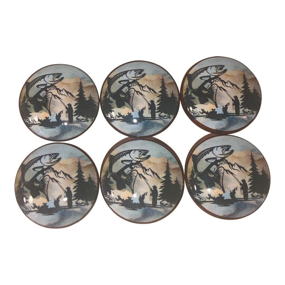 Set of 6 Fly Fishing Print Wood Cabinet Knobs