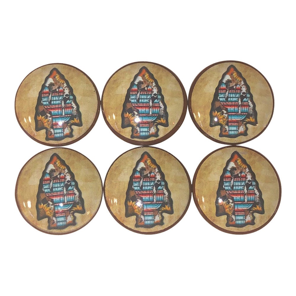 Set of 6 Arrowhead Cactus Wood Cabinet Knobs