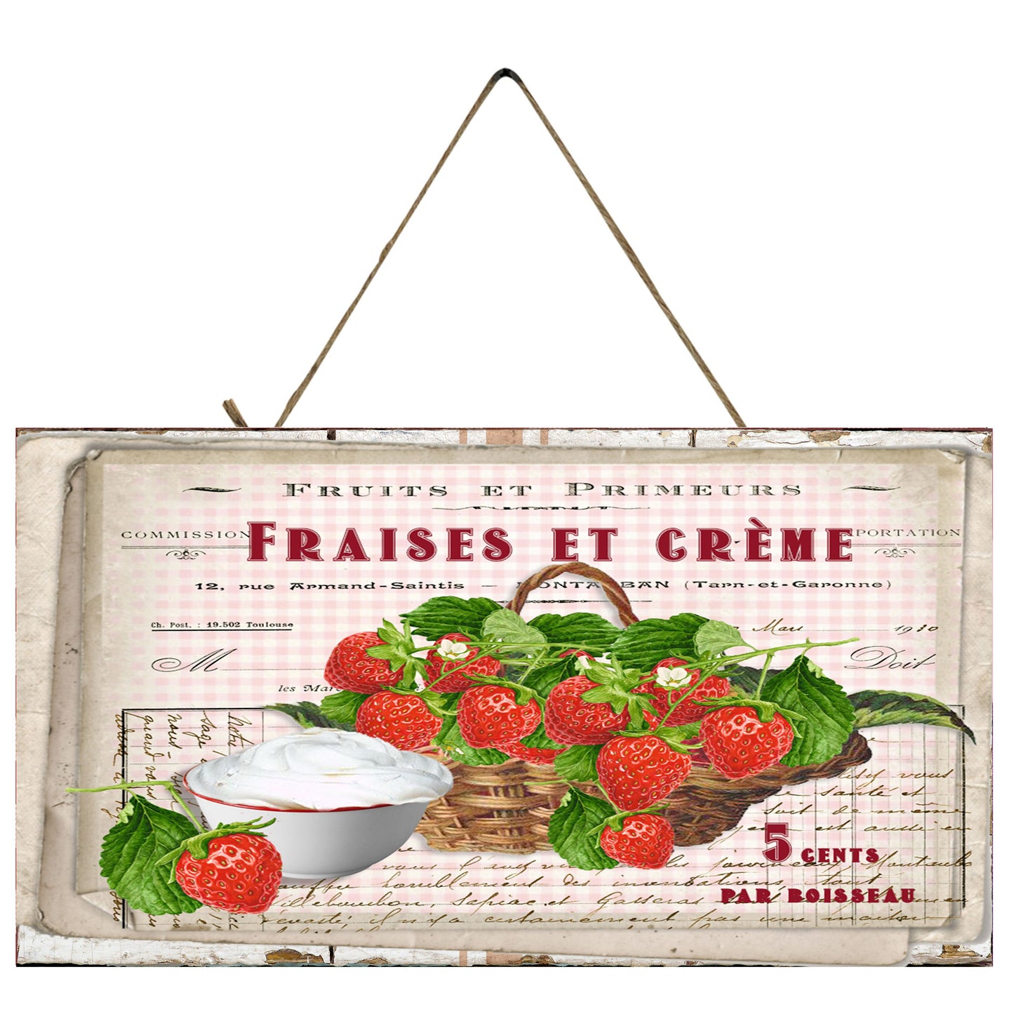 Strawberries and Cream Printed Handmade Wood Sign