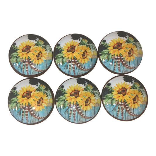 Set of 6 Sunflower and Cowhide Wood Cabinet Knobs