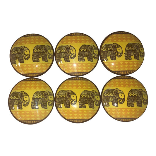 Set of 6 Yellow Tribal Elephants Wood Cabinet Knobs