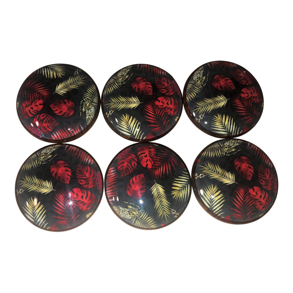 Set of 6 Red Palm Leaves Wood Cabinet Knobs